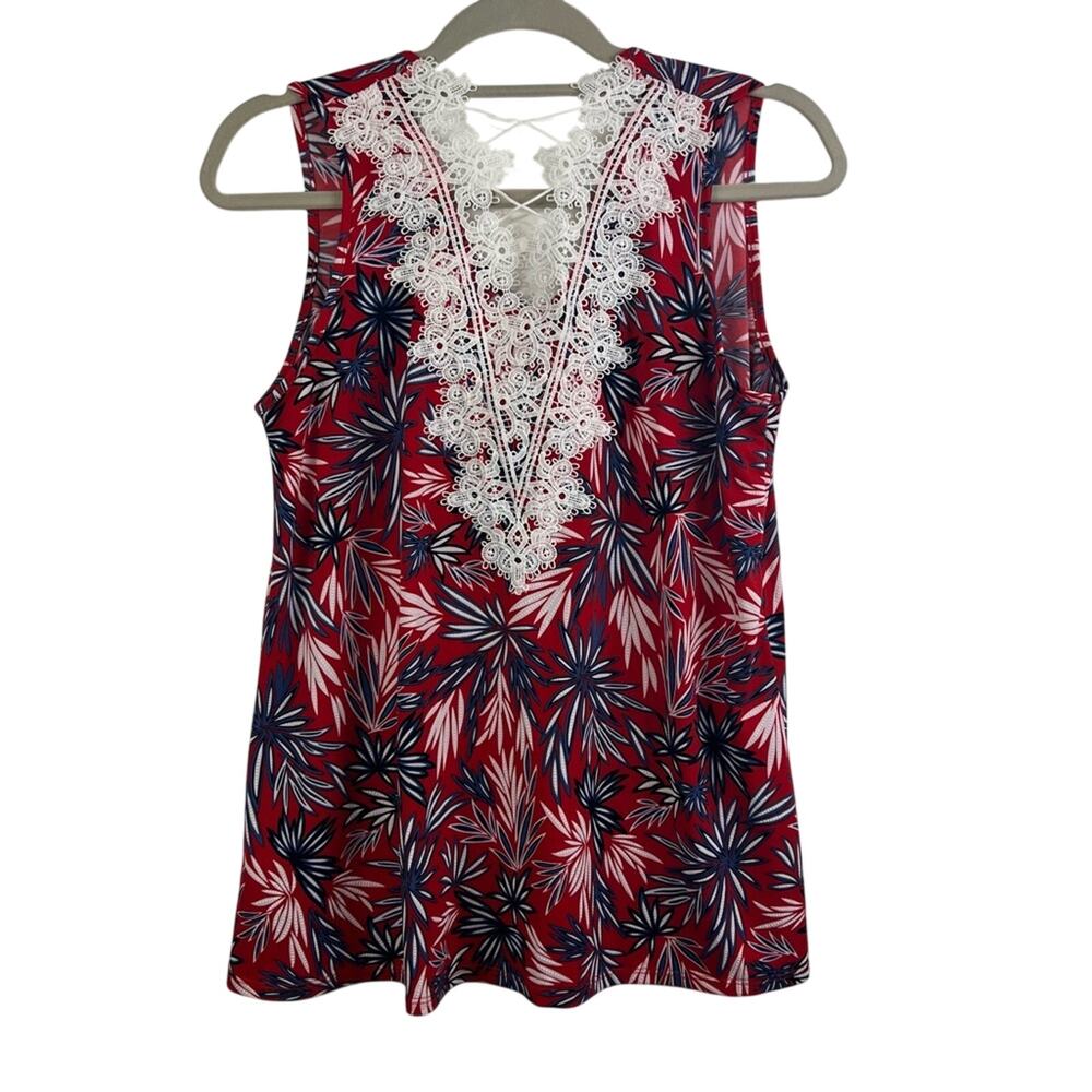 NWT Red Floral Lace Back Amana Tank Top Small V Neck Textured 4th of July
